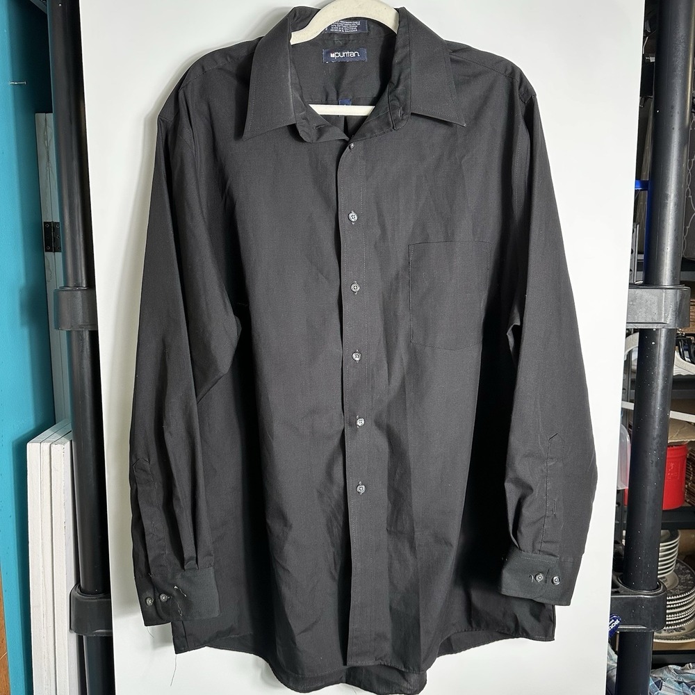 Puritan Dress Shirt‎ Black Button Front Long Sleeve Mens XL 17 34/35 Excellent